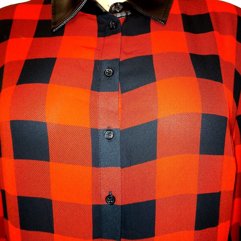NY&C Women Longline Duster Top XXL Red Buffalo Plaid Checker Faux Leather Trim - Picture 7 of 10